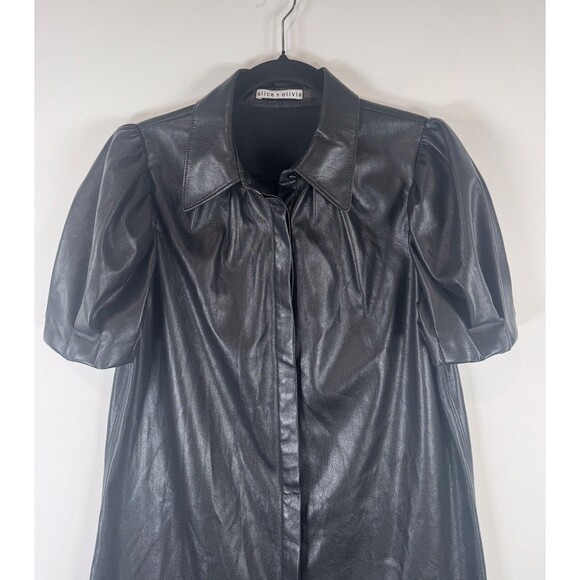 Alice Olivia Womens Dress Black Jem Vegan Leather Mini Puffed Shirtdress Medium - Picture 8 of 12